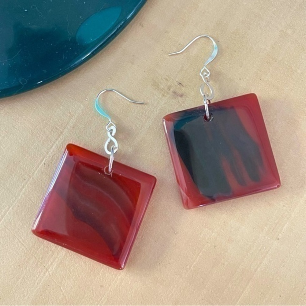 2/$29 Handmade Geometric Statement Earrings Black Orange Bold Asymmetric 2.25”